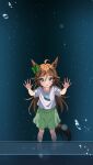  1girl aged_down ahoge animal_ears bandaid bandaid_on_knee bandaid_on_leg blue_eyes blush bow brown_hair ear_bow glass green_bow green_skirt hair_between_eyes hair_ornament hairclip hat horse_ears horse_girl horse_tail long_hair mr._c.b._(umamusume) multiple_hairclips parted_lips shirt skirt tail taromarun ufo_print umamusume water white_shirt 