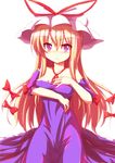  bad_id bad_pixiv_id banned_artist bare_shoulders blonde_hair blush bow dress frown hair_bow hat kisaragi_zwei long_hair purple_eyes simple_background solo touhou white_background yakumo_yukari 