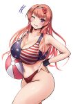  1girl absurdres agodashi american_flag american_flag_bikini american_flag_print ball beachball bikini breasts cleavage commentary_request cowboy_shot flag_print flag_print_bikini hand_on_own_hip highres kantai_collection large_breasts long_hair nevada_(kancolle) nevada_kai_(kancolle) nevada_kai_mod.2_(swimsuit)_(kancolle) one_eye_closed print_bikini red_eyes red_hair simple_background smile solo sports_bikini swimsuit white_background wristband 