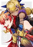  1boy 1girl absurdres aged_down ahoge bare_shoulders blonde_hair braid carrying chin_piercing closed_eyes commentary_request crossed_bangs dark-skinned_female dark_skin desi detached_sleeves dragon_girl dragon_horns dragon_tail dress face_piercing fate/grand_order fate_(series) gauntlets gloves grin hair_between_eyes hair_ornament highres holding_hands horns hug indra_no_dai_shiren iris_(tb33064667) long_hair multi-tied_hair open_mouth partial_commentary piercing piggyback rama_(fate) red_eyes red_hair smile tail teeth vritra_(fate) vritra_(young)_(fate) 