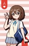  1girl absurdres bag blazer blue_ribbon brown_eyes brown_hair closed_mouth collared_shirt commentary green_skirt hair_between_eyes hand_up highres hirasawa_yui jacket k-on! looking_at_viewer neck_ribbon pleated_skirt ribbon sakuragaoka_high_school_uniform school_bag school_uniform shirt short_hair short_sleeves shuni_valentine skirt smile solo striped_background sweater_vest two-tone_background v white_shirt yellow_sweater_vest 