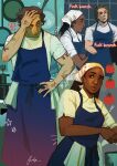  1boy 1girl apron arm_tattoo black_hair blue_apron brown_hair carmy_berzatto chef commentary dark-skinned_female dark_skin english_commentary english_text fedzz_z fork hand_tattoo headscarf highres indoors kitchen shirt sydney_adamu tattoo the_bear white_shirt 