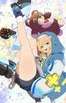  1boy :d absurdres androgyne_symbol bike_shorts black_flower black_gloves black_shorts black_skirt blonde_hair blue_eyes blue_jacket blue_shoes bridget_(guilty_gear) commentary drawstring fingerless_gloves flower from_side gloves guilty_gear guilty_gear_strive highres holding holding_toy hood hood_up jacket leg_up long_sleeves looking_at_viewer medium_hair open_clothes open_jacket pleated_skirt roger_(guilty_gear) shirt shoes shorts skirt smile socks solo stuffed_animal stuffed_toy teddy_bear thighs toy trap udapoop white_socks yellow_shirt yo-yo zipper_pull_tab 