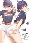  1girl :3 :p absurdres ball baseball_(object) baseball_bat baseball_jersey belt blunt_bangs character_name chibi chocosong commentary_request gyaru_v hair_bun hand_on_own_hip heart heart_in_eye high-waist_shorts highres hololive hololive_english jersey looking_at_viewer mole mole_under_eye multiple_views ninomae_ina'nis orange_belt partial_commentary pointy_ears purple_eyes purple_hair shirt_tucked_in short_hair short_shorts short_sleeves shorts simple_background single_hair_bun symbol_in_eye takodachi_(ninomae_ina'nis) tongue tongue_out v virtual_youtuber white_background white_shorts 