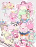  1girl :3 animal_hands apron bandaid can chair commentary gloomy_bear gloves green_eyes green_hair hair_ornament hand_puppet hat headphones highres instrument itazuraguma_no_gloomy keyboard_(instrument) nintendo_switch notebook paw_gloves pen pleated_skirt puppet riiverr ruler sailor sailor_collar skirt striped_clothes striped_sleeves striped_thighhighs thighhighs tissue_box two_side_up untranslatable_commentary watch wristwatch 