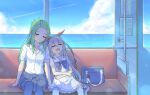  2girls animal_ears bag blue_hairband blush bow bowtie closed_eyes closed_mouth commentary_request ear_covers green_hair grey_hair grey_tail hair_between_eyes hairband headband highres horse_ears horse_girl horse_tail komiyama_masami long_hair long_sleeves multicolored_hairband multiple_girls open_mouth pants pleated_skirt puffy_short_sleeves puffy_sleeves purple_bow purple_bowtie purple_shirt red_headband sailor_collar sailor_shirt school_bag school_uniform shirt short_sleeves sitting skirt smile striped_clothes striped_hairband summer_uniform tail tamamo_cross_(umamusume) thighhighs tracen_school_uniform train_interior two-tone_hairband umamusume umamusume:_cinderella_gray very_long_hair white_sailor_collar white_shirt white_skirt white_thighhighs zaijian_(xxx1148297) 