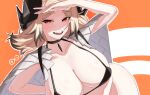  1girl alternate_breast_size_(larger) arknights blonde_hair blush breasts cape cleavage colored_tips commentary demon_girl demon_horns fang goldentissue1 highres horns huge_breasts ifrit_(arknights) korean_commentary medium_hair multicolored_hair open_mouth red_eyes shading_eyes smile solo teeth upper_teeth_only white_cape 