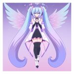  1girl aqua_eyes aqua_hair arm_tattoo bare_shoulders black_shirt black_skirt black_thighhighs boots border breasts commentary gradient_background halo hatsune_miku headphones highres jacket kaleislazy large_breasts long_hair looking_at_viewer number_tattoo own_hands_together pink_background pink_trim purple_background shirt skirt solo straight-on tattoo thighhighs twintails very_long_hair vocaloid white_boots white_border white_jacket wings 