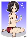  1girl alina_(girls_und_panzer) ass bikini black_hair blue_background blush breasts brown_eyes commentary_request food girls_und_panzer looking_at_viewer looking_back open_mouth popsicle red_bikini short_hair simple_background sitting small_breasts solo swimsuit takahashi_kurage 