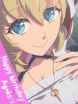  1girl agnes_claudel blonde_hair blue_eyes breasts chiharu_(9654784) cleavage close-up commentary_request eiyuu_densetsu hair_between_eyes happy_birthday highres jewelry kai_no_kiseki kuro_no_kiseki_(series) long_hair looking_at_viewer necklace simple_background smile 