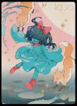  1girl absurdres animal_ears animal_hands aqua_(deltarune) aqua_dress aqua_skin blue_hair blush boots bow character_name closed_eyes colored_skin commentary_request covered_eyes deltaebiko0721 deltarune dress fox fox_ears fox_tail full_body hair_bow highres jumping leaning_forward lily_pad medium_hair moon pink_background red_boots red_bow short_side_ponytail short_twintails side_ponytail sleeves_past_fingers sleeves_past_wrists smile solo sparkle tail twintails utdr_(toby_fox) water 
