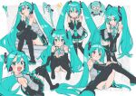  1girl absurdres bare_shoulders black_boots black_sleeves blue_eyes blue_hair blue_necktie blue_panties blush boots closed_mouth collared_shirt commentary detached_sleeves fuwapuchi grey_shirt hand_on_own_knee hatsune_miku highres knees_together_feet_apart leaning_forward long_hair looking_at_viewer multiple_views necktie number_tattoo open_mouth panties pantyshot ryuuforkaf shirt shiteyan'yo shoulder_tattoo sitting smile striped_clothes striped_panties tattoo thigh_boots twintails underwear untranslatable_commentary very_long_hair vocaloid 