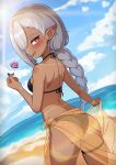  1girl absurdres ass beach bikini black_bikini black_nails blue_sky blush body_markings braid breasts dark-skinned_female dark_skin fang finger_heart gician_l grey_hair hair_over_one_eye heart heart-shaped_pupils highres jewelry long_hair looking_at_viewer looking_back ocean original outdoors pointy_ears red_eyes sarong see-through_clothes see-through_sarong sky small_breasts smile solo swimsuit symbol-shaped_pupils thighlet water 