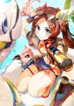  1girl absurdres aiming bikini bird blue_eyes blue_shorts blush bow breasts brown_hair commentary_request fate/grand_order fate_(series) fingerless_gloves forehead gloves goggles goggles_on_head gun hair_bow hair_ribbon highres holding holding_gun holding_weapon iris_(tb33064667) jacket leonardo_da_vinci_(fate) leonardo_da_vinci_(rider)_(fate) leonardo_da_vinci_(swimsuit_ruler)_(fate) long_hair looking_at_viewer one-piece_swimsuit parted_bangs puffy_short_sleeves puffy_sleeves ribbon shirt short_shorts short_sleeves shorts small_breasts smile sparkle swimsuit thighs twintails water weapon 