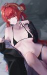  1girl 37sanshiqi absurdres bikini black_bikini black_jacket blush breasts commentary_request hair_bun highres jacket long_hair looking_at_viewer lying medium_breasts navel on_bed red_eyes red_hair short_hair single_side_bun suoming_(wuthering_waves) swimsuit symbol-shaped_pupils undressing very_long_hair wuthering_waves 