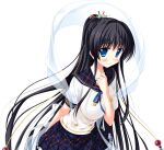  1girl back_bow black_hair blue_bow blue_bowtie blue_eyes bow bowtie buttons collarbone double-breasted frilled_skirt frills game_asset hagoromo highres long_hair long_sleeves magatama magical_marriage_lunatics!! mitsu_no_tama_yori_hime neck_ribbon non-web_source official_art plaid_clothes plaid_sailor_collar plaid_skirt ponytail ribbon ribbon-trimmed_thighhighs ribbon_trim sailor_collar school_uniform serafuku shawl shirt simple_background skirt tachi-e thighhighs transparent_background two-tone_shirt very_long_hair white_shirt yamakaze_ran 