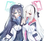  2girls :d absurdres aqua_halo aris_(blue_archive) artist_name black_bow black_hair black_hairband black_skirt blue_archive blue_eyes blue_jacket blue_necktie bow bright_pupils chinese_commentary closed_mouth collared_shirt commentary_request cowboy_shot dot_nose double-parted_bangs fingernails from_side hair_between_eyes hair_bow hairband half_updo halo hand_up highres holding_hands hualingmiao_(28352006) interlocked_fingers jacket kei_(blue_archive) kei_(student)_(blue_archive) light_blush light_smile long_hair long_hair_between_eyes long_sleeves looking_at_viewer looking_to_the_side loosely_tucked_bangs multiple_girls necktie one_side_up open_clothes open_jacket open_mouth pink_eyes pink_halo pink_jacket pleated_skirt rectangular_halo ringed_eyes shirt signature simple_background skirt smile standing turning_head two-sided_fabric two-sided_jacket very_long_hair white_background white_hair white_jacket white_pupils white_shirt 