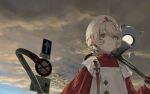  1girl axe blonde_hair blood blood_on_weapon closed_mouth cloud cloudy_sky commentary crowbar dai_maou_akinai_(godakinai) day hat highres holding holding_axe holding_crowbar looking_at_viewer nurse_cap nurse_robot_type_t outdoors road_sign short_hair sign sky solo upper_body utau weapon yellow_eyes 