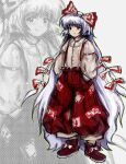  1girl absurdly_long_hair absurdres bow brown_shirt chomplicated closed_mouth collared_shirt commentary_request footwear_bow fujiwara_no_mokou full_body hair_bow hands_in_pockets highres imperishable_night juliet_sleeves long_hair long_sleeves monochrome_background multiple_hair_bows ofuda pants puffy_long_sleeves puffy_sleeves red_bow red_eyes red_pants red_shoes shirt shoes sketch smile solo standing suspender_pants suspenders touhou two-tone_bow very_long_hair white_bow white_hair zoom_layer 