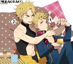  blonde_hair blue_eyes bug cake candle dio_brando eighth_note father_and_son food giorno_giovanna insect jojo_no_kimyou_na_bouken ladybug laphy multiple_boys musical_note pudding spoken_musical_note 