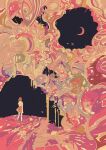  1girl abstract absurdres commentary crescent_moon from_behind hato_(n_hat_mu) highres ligne_claire moon original pink_hair red_skirt shirt short_hair short_sleeves skirt sky solo sparkle standing star_(sky) surreal waves wide_shot 