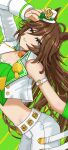  1girl absurdres ahoge animal_ears asymmetrical_jacket atyattyan bell-bottoms breasts brown_hair choker cropped_jacket green_shirt hair_ornament hat highres horse_ears horse_girl horse_tail jacket long_hair looking_at_viewer midriff mini_hat mini_top_hat mr._c.b._(clear_bliss)_(umamusume) mr._c.b._(umamusume) pants shirt single_bare_shoulder single_sleeve single_wrist_cuff smile solo strapless strapless_shirt tail top_hat umamusume white_jacket white_pants wrist_cuffs yellow_choker 