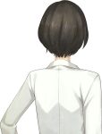  1girl back black_eyes black_hair black_skirt breasts brown_hair cleavage coat collarbone dress_shirt earrings from_behind game_asset glasses green_shirt highres huke jewelry judy_reyes lab_coat official_art open_collar pencil_skirt ringed_eyes science_adventure shirt skirt smile solo steins;gate steins;gate_0 tachi-e transparent_background untucked_shirt white_coat 