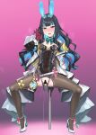  1girl absurdres animal_ears bar_censor bare_shoulders belt black_gloves black_hair black_leotard blue_hair blush bow bowtie breasts brown_pantyhose censored colored_inner_hair commentary_request condom condom_packet_strip condom_wrapper detached_collar dildo eyeliner fake_animal_ears fate/grand_order fate_(series) full_body gloves gozaru grey_eyes high_heels highleg highleg_leotard highres jacket leotard long_hair long_sleeves looking_at_viewer makeup multicolored_hair multicolored_jacket object_insertion off_shoulder open_mouth pantyhose playboy_bunny pole pussy rabbit_ears red_gloves sex_toy sidelocks small_breasts solo spread_legs stripper_pole tenochtitlan_(fate) tenochtitlan_(swimsuit_mooncancer)_(third_ascension)_(fate) torn_clothes torn_pantyhose two-tone_jacket used_condom vaginal vaginal_object_insertion white_jacket yellow_jacket 