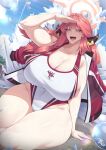  1girl absurdres alternate_breast_size_(larger) arm_up aru_(blue_archive) blue_archive blush breasts brown_horns commentary competition_swimsuit coolpsyco curvy demon_horns english_commentary halo highleg highleg_one-piece_swimsuit highres horns huge_breasts jacket jacket_on_shoulders long_hair looking_at_viewer multicolored_swimsuit one-piece_swimsuit open_mouth pink_hair shading_eyes solo swimsuit thick_thighs thighs two-tone_swimsuit white_jacket white_one-piece_swimsuit 