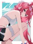  1girl animal_ears ankle_strap arknights bikini bikini_bottom_under_shorts bikini_under_clothes black_shorts blush braid_over_shoulder breasts color_guide commentary english_commentary expressionless extra_ears eyewear_on_head feet_out_of_frame frilled_thigh_strap from_side hair_intakes highres kan2zit long_hair looking_at_viewer medium_breasts official_alternate_costume parted_lips pink-tinted_eyewear purple_eyes purple_scrunchie rabbit_ears rabbit_girl ray_(arknights) ray_(summer_flowers)_(arknights) red_hair scrunchie shorts sideboob solo squatting sunglasses swimsuit thigh_strap tinted_eyewear white-framed_eyewear white_bikini wrist_scrunchie 