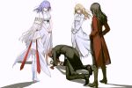  1boy 4girls absurdres aged_up ahoge artoria_pendragon_(fate) black_hair black_pants blonde_hair commentary dress emiya_shirou english_commentary fate/stay_night fate_(series) grey_hair hat heaven's_feel highres illyasviel_von_einzbern illyasviel_von_einzbern_(dress_of_heaven) jacket last_episode_(fate) long_hair long_sleeves looking_at_another matou_sakura multiple_girls official_alternate_costume official_alternate_hairstyle pants purple_hair red_hair red_jacket red_scarf saber_(fate) scarf shadow shokobr short_hair short_sleeves tohsaka_rin white_background white_dress white_hat 