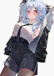  1girl absurdres armpits arms_behind_head arms_up black_jacket black_necktie black_pantyhose blush breasts closed_mouth collared_shirt covered_navel dress_shirt folia_leaf grey_hair hair_between_eyes hair_intakes hair_ornament hairclip hakase_fuyuki high-waist_skirt highres jacket large_breasts long_hair long_sleeves looking_at_viewer low_twintails miniskirt necktie nijisanji official_alternate_costume open_clothes open_jacket pantyhose red_eyes shirt simple_background skirt sleeveless sleeveless_shirt solo sweat twintails virtual_youtuber white_background white_shirt 
