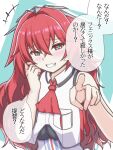  1girl breast_pocket breasts commentary_request grin hair_intakes headgear highres kantai_collection large_breasts long_hair neckerchief phoenix_(kancolle) pocket pointing red_eyes red_hair red_neckerchief ribo=masu sleeveless sleeveless_jacket smile solo translation_request upper_body 