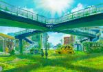  2girls abandoned abandoned_car artist_request blue_sky blurry bridge building day depth_of_field grass highres loca! multiple_girls official_art overgrown pedestrian_bridge scenery sky sunburst 