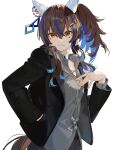  1girl absurdres alternate_costume animal_ears black_jacket blue_hair breasts brown_hair commentary daitaku_helios_(umamusume) ear_covers facial_tattoo fang grey_shirt hair_between_eyes hair_ornament hairclip highres horse_ears horse_girl horse_tail jacket jewelry long_hair looking_at_viewer multicolored_hair necklace open_clothes open_jacket open_mouth shirt side_ponytail simple_background small_breasts solo star_(symbol) star_hair_ornament streaked_hair tail tattoo umamusume white_background yellow_eyes yoojp 