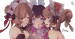  3girls ? anger_vein artist_name bare_shoulders black_bow black_collar black_hair blood blue_eyes bonnet bow brown_hair collar colored_inner_hair columbina_(genshin_impact) commentary detached_collar detached_sleeves dual_persona genshin_impact hair_bow hair_bun highres kitsunetenma multicolored_hair multiple_girls nosebleed open_mouth portrait purple_eyes purple_hair purple_streaks red_ribbon ribbon sandrone_(genshin_impact) short_hair_with_long_locks signature simple_background single_hair_bun streaked_hair unusually_open_eyes white_background white_bonnet white_bow yuri 