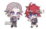  2boys alternate_costume antenna_hair aotsuki_eito backpack bag bag_charm belt black_bag black_gloves black_hair black_necktie black_pants black_shoes black_shorts blue_eyes brown_belt cellphone cellphone_charm charm_(object) chibi chibi_only chinese_commentary closed_mouth collared_shirt commentary_request commission glasses gloves grey-framed_eyewear grey_hair grey_necktie grey_sweater_vest hand_in_pocket holding holding_phone jacket lapels male_focus multicolored_hair multicolored_necktie multiple_boys necktie notched_lapels open_clothes open_jacket open_mouth pants phone red_hair red_necktie school_bag school_uniform semi-rimless_eyewear sevenleaves7 shirt shoes short_hair shorts simple_background smartphone smile socks streaked_hair striped_clothes striped_necktie sumino_takumi sweater_vest tareme the_hundred_line_-last_defense_academy- two-tone_hair watermark white_background white_shirt white_socks wing_collar 