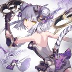  1girl back bare_shoulders black_gloves braid chakram commentary_request elbow_gloves electricity frills from_side gloves gradient_background grey_hair hair_bun hair_ribbon haku_(p&amp;d) highres kuuron_(moesann17) looking_at_viewer open_mouth puzzle_&amp;_dragons ribbon short_hair solo tail tiger_tail weapon white_background yellow_eyes 
