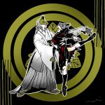  1boy 1girl black_background black_hair black_sailor_collar black_sclera black_serafuku black_shirt black_shoes black_skirt black_socks blood blood_on_clothes blood_on_leg colored_sclera commentary dancing earrings fox_hinako fox_mask fox_mask_(silent_hill) full_body grey_socks hand_on_another's_stomach hand_on_another's_waist japanese_clothes jewelry loafers low_ponytail mask mochi_(hanamaruudondesu) neckerchief pleated_skirt ponytail red_neckerchief robe sailor_collar sandals school_uniform serafuku shimizu_hinako shirt shoes short_hair signature silent_hill_(series) silent_hill_f single_earring skirt socks tassel tassel_earrings torn_clothes white_hair white_robe yellow_eyes 