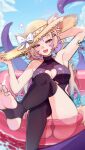  1girl ? ?? absurdres alheitrakzoth animal_ear_fluff animal_ears black_thighhighs blonde_hair breasts cat_ears cat_girl cat_tail clothing_cutout colored_inner_hair commentary crossed_legs day ears_through_headwear english_commentary facial_mark fang feet hair_ornament hand_on_headwear hat heart_cutout hexasgone highres indie_virtual_youtuber innertube long_hair looking_at_viewer medium_breasts multicolored_hair nail_polish on_innertube one-piece_swimsuit open_mouth outdoors purple_hair red_eyes shyrei_faolan skin_fang soles speech_bubble stirrup_legwear sun_hat swim_ring swimsuit tail tentacles thighhighs toeless_legwear toenail_polish toenails toes transparent_innertube virtual_youtuber water whisker_markings 