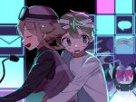  1boy 1girl :d alternate_breast_size_(larger) aojiru_(yume_2kki) bandaged_head bandages black_sweater brown_hair closed_eyes commentary fang ghost goggles goggles_on_head green_eyes green_hair hand_on_another's_waist helmet highres lim_(10000_us) motor_vehicle motorcycle motorcycle_helmet open_mouth plaid_clothes plaid_sweater_vest plaid_vest purple_sweater_vest purple_vest robe short_hair sidelocks smile sweater sweater_vest tearing_up turtleneck turtleneck_sweater untranslatable_commentary upper_body urotsuki vest white_robe yume_2kki 
