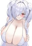  1girl absurdres bare_shoulders bikini blush breasts cinderella_(crystal_wave)_(nikke) cinderella_(nikke) cleavage commentary_request goddess_of_victory:_nikke grin hair_over_one_eye highres huge_breasts long_hair looking_at_viewer marumai red_eyes smile solo swimsuit twintails white_bikini white_hair 