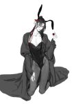  1boy animal_ears black_coat black_hair black_leotard closed_mouth coat collarbone crossdressing crossdressing_(mtf) cup english_commentary fake_animal_ears full_body glassbearer grandmaster_of_demonic_cultivation grey_pantyhose greyscale hair_between_eyes hair_over_one_eye hair_ribbon hand_on_own_thigh hand_up head_tilt highres holding holding_cup kneeling leotard long_hair long_sleeves looking_at_viewer male_focus male_playboy_bunny monochrome off_shoulder open_clothes open_coat open_robe pantyhose pectorals playboy_bunny ponytail rabbit_ears red_eyes red_ribbon ribbon robe simple_background sketch sleeves_past_wrists smile solo spot_color strapless strapless_leotard teacup trap wei_wuxian white_background wide_sleeves 