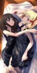  2girls black_dress black_hair blonde_hair commentary_request dress flower hair_ribbon highres inoue_takina jewelry long_hair lycoris_recoil multiple_girls necklace nishikigi_chisato one_side_up parted_lips purple_eyes red_eyes red_ribbon ribbon sengoku_chidori short_hair spider_lily yuri 