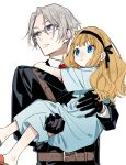  1boy 1girl belt belt_buckle black_gloves black_hairband blue_eyes brown_belt brown_hair buckle carrying carrying_person character_request child closed_mouth collared_shirt copyright_notice copyright_request dress glasses gloves grey_hair hagiwara_daisuke hairband highres layered_sleeves long_hair long_sleeves necktie red_necktie shirt short_hair simple_background slippers upper_body white_background 