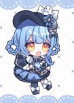  1girl :d asymmetrical_legwear bag bird_hat_ornament black_bag black_bow black_bowtie black_capelet black_hat black_pantyhose black_shoes blue_hair blue_necktie blue_skirt bow bowtie braid braided_hair_rings capelet chibi collared_shirt commentary_request deerstalker footwear_ribbon frilled_skirt frilled_socks frills hair_bow hair_rings hat hat_bow highres holding holding_magnifying_glass layered_skirt long_sleeves magnifying_glass mahou_shoujo_no_majo_saiban necktie open_mouth pantyhose plaid_clothes plaid_skirt ribbon shirt shoes short_hair single_leg_pantyhose skirt smile socks solo sumike_so tachibana_sherry translation_request vest white_background white_ribbon white_shirt white_socks yellow_eyes 