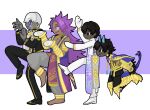  4boys absurdres arjuna_(fate) arjuna_(second_ascension)_(fate) arjuna_alter_(fate) arjuna_alter_(third_ascension)_(fate) barefoot bhima_(fate) black_eyes black_hair black_pants black_shoes blue_eyes cape closed_mouth colored_skin commentary dark-skinned_male dark_skin fate/grand_order fate_(series) full_body gloves gold_trim grey_eyes highres horns indra_(fate) jewelry leg_up long_hair male_focus multiple_boys pants purple_eyes purple_hair shirofox66 shoes short_hair simple_background smile standing standing_on_one_leg tail white_background white_gloves white_hair white_pants yotsubato!_pose 