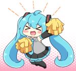  >_< 1girl :d ahoge blue_hair blue_necktie blush_stickers chibi chibi_only closed_eyes commentary_request detached_sleeves double-parted_bangs full_body hair_between_eyes halftone halftone_background hatsune_miku holding holding_pom_poms long_hair necktie nukotun open_mouth pink_background pom_pom_(cheerleading) smile solo twintails v-shaped_eyebrows very_long_hair vocaloid white_background xd 