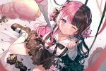  1girl ;) black_bow black_flower black_hair black_ribbon black_shoes black_skirt blue_eyes blurry blush bow breasts brown_nails collared_shirt depth_of_field dot_nose finger_heart fingernails flower hair_bow heart looking_at_viewer multicolored_hair nail_polish official_art one_eye_closed pink_bow pink_hair ribbon satoupote shirt shoes skirt smile socks solo split-color_hair suspender_skirt suspenders tachibana_hinano tachibana_hinano_(1st_costume) two-tone_hair virtual_youtuber vspo! white_shirt white_socks 