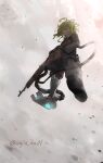  1girl absurdres bag blonde_hair blue_eyes commentary_request expressionless flying from_below full_body gun highres holding holding_gun holding_weapon magic military_uniform mondragon_rifle ninjin_ika rifle short_hair solo tanya_degurechaff weapon youjo_senki 